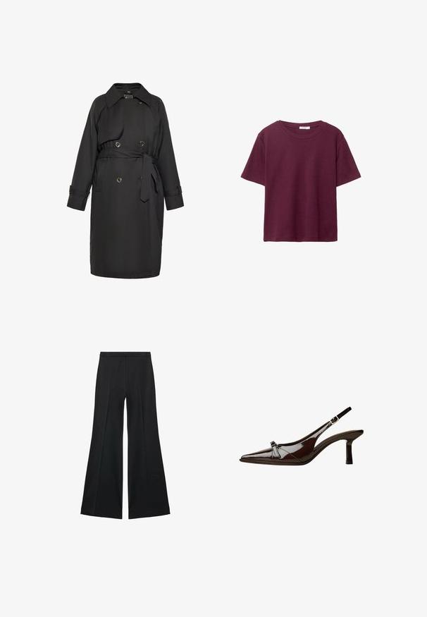 Čierny trenchový kabát z hladkej látky s opaskom v páse, dvojradovým zapínaním s okrúhlymi gombíkmi a klasickým golierom.; Burgundské tričko s krátkym rukávom vyrobené z jemnej bavlny. Má klasický okrúhly výstrih a voľný strih. Jednoduchá textúra, bez vzorov alebo akcentov.; Čierne široké nohavice s hladkou textúrou, s prednými záhybmi a elegantným strihom. Materiál je ľahký a pruhlý.; Hnedá laková slingback obuv s špicatou špičkou, nízkym opätkom a dekoratívnou mašľou vpredu. Hladká, lesklá štruktúra.