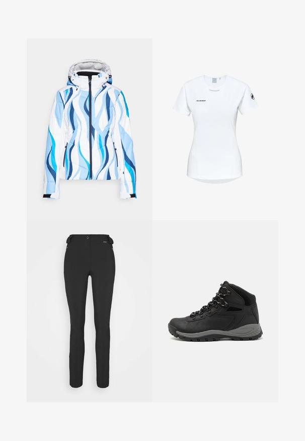 Vadderad vinterjacka i vitt med blå vågmönster. Har dragkedja framtill, justerbar huva och elastiska ärmslut för en säker passform.; Kortärmad vit träningsskjorta med rund halsringning, försedd med en logotyp på bröstet och en slät, lätt tygkvalitet.; Svarta, åtsittande byxor tillverkade av ett flexibelt material. Funktioner inkluderar en ficka med dragkedja på sidan, artikulerade knän och en jämn yta.; Svart vandringskänga med mellanhög design, som har en texturerad överdel, grå accenter och en slitstark gummisula med greppklackar.