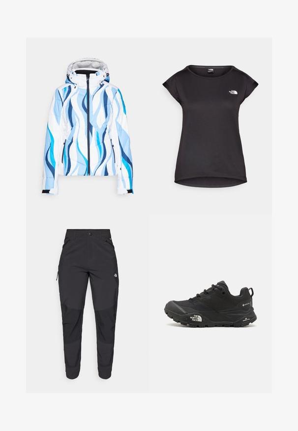 Polstret vinterjakke i hvit med blå bølgemønstre. Har glidelås foran, justerbar hette og elastiske mansjetter for en sikker passform.; The North Face TANKEN TANK - T-skjorte til trening - black; Svart utendørsbukser laget av slitesterkt stoff. Har glidelåslommer, forsterkede knær og en rett skjæring for bevegelighet.; Svart tursko med teksturert overdel, snøring og en kraftig gummisåle som har et fremtredende logo på siden og mønster i sålen.