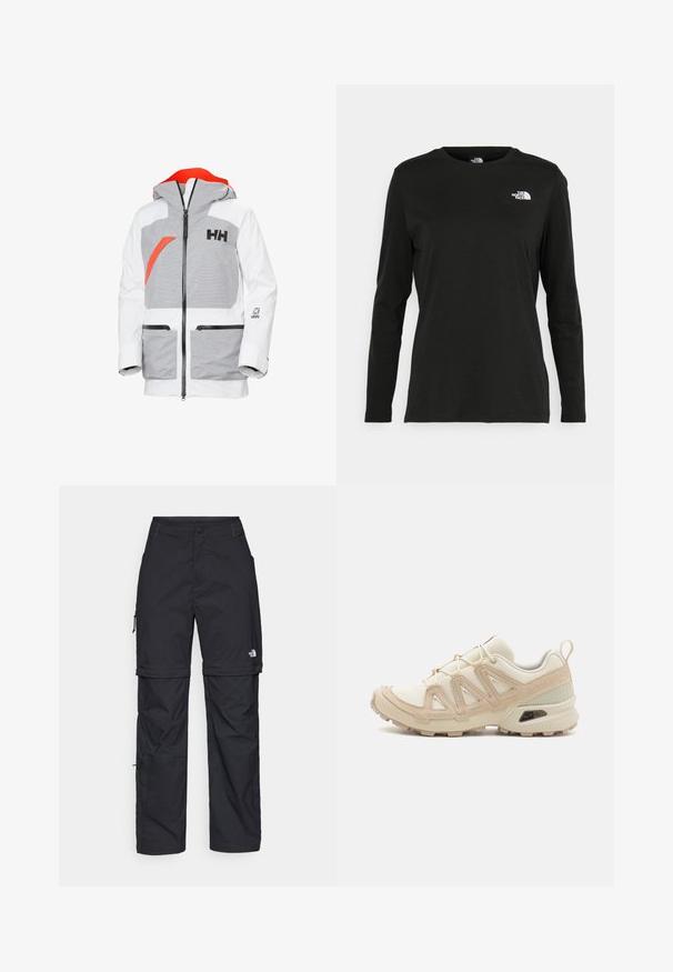 Kurtka odporna na wodę w białym kolorze z szarymi akcentami. Posiada kaptur, dwie przednie kieszenie z zamkami oraz wyraźne logo na klatce piersiowej.; Czarna koszulka z długim rękawem z bawełny z okrągłym dekoltem. Posiada niewielkie białe logo po lewej stronie na piersi. Prosty design i fason.; Czarne nylonowe spodnie cargo z odpinanymi nogawkami, regulowanymi mankietami, wieloma kieszeniami oraz logo na prawej nogawce. Gładka, lekka tekstura.; Beżowe i kremowe buty sportowe z teksturowanej siateczki, wspierającymi nakładkami oraz gumową podeszwą z wzorem bieżnika zapewniającym przyczepność.