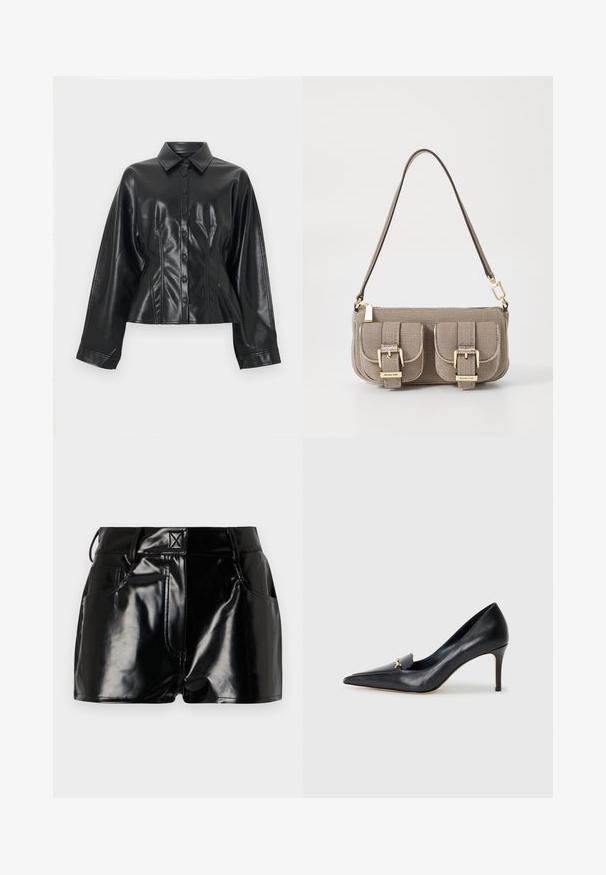 Mustast kunstnahast lühendatud särkjakk terava kraega, kuue nupuga kinnitusega ja pikkade varrukatega, millel on sile, läikiv tekstuur.; Valge pika varrukaga särk, mis on valmistatud puuvillast, klassikalise krae, nööbiga kinnituse ja vasakul küljel oleva ühe rinnataskuga.; Mustad, läikivad lühikesed püksid sünteetilisest materjalist. Omab kitsast piha, vöölõike ja esimesi taskuid, millel on silmapaistvad õmbluse detailid.; Mustmust musta kinga terava nina, madala lõikega vamp ja dekoratiivne kuldne aksessuaar. Omab stilettokandikut ja sileda tekstuuri.; Beez tekstuuriga käekott reguleeritava rihmaga, kahe esikoti ja lukuga, mis on kindlustatud pandlatega, ning kuldsete detailidega. Ülemine luku sulgemine.