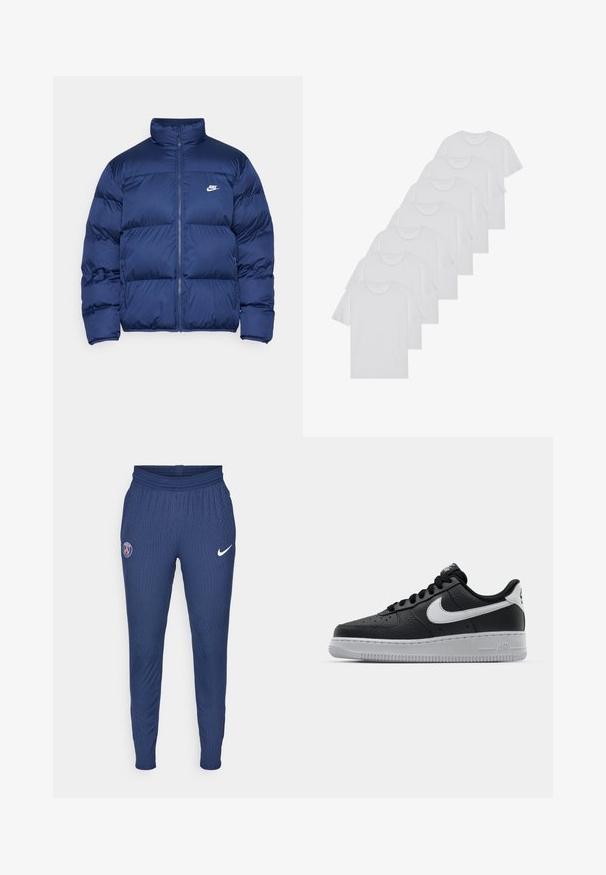 Tamno plavi jastučić s visokim ovratnikom, prednjim zatvaračem i velikim kvadratnim dijelovima. Ima mali bijeli Nike logotip na prsima.; Bijele pamučne majice, kratki rukavi, dizajn s okruglim izrezom, jednostavne teksture, složene u red, s suptilnim brendiranjem na izrezu.; Mornarske sportske hlače od teksturiranog materijala s Pariskim logotipom na lijevom bedru i bijelim Nikeovim swooshom s desne strane.; Crne kožne tenisice s teksturiranom površinom, bijeli Nike znak, sivi potplat, okrugli vrh i vezanje. Sadrže perforacije na području prstiju.