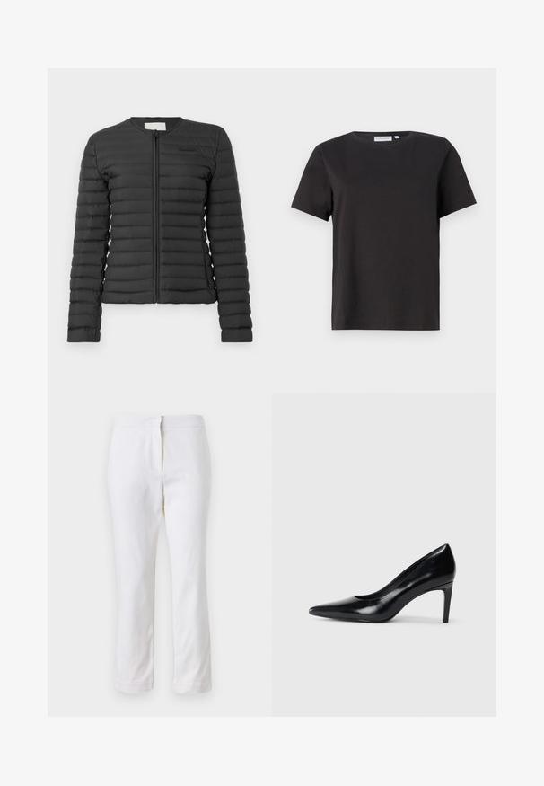 Melns, ar rāvējslēdzēju priekšā, viegls pūkains mētelis ar horizontālu izšūtu rakstu un apaļu dekoltē. Iezīmēts ar elastīgiem piedurkņu galiem un minimālu logo detaļu.; Melns kokvilnas t-krekls ar īsām piedurknēm, apaļu kakla izgriezumu un vienkāršu, tīru dizainu. Nav redzamu rakstu vai rotājumu.; Baltas kokvilnas bikses ar taisnu kāju dizainu, ar vidēju augstumu un bez redzamām detaļām vai rakstiem. Visā virsmā ir gluda tekstūra.; Melnas ādas augstpapēžu kurpes ar norādītu purngali, gludu tekstūru un šauru papēdi. Minimālistisks dizains, bez papildu rotājumiem.