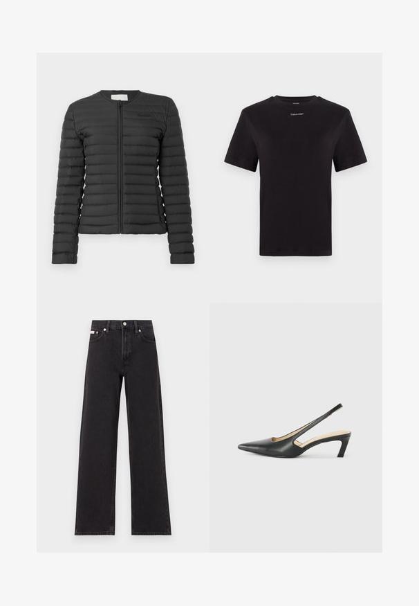 Črna, lahko podložena jakna z zadrgo spredaj, z vodoravno prešito vzorcem in okroglim izrezom. Ima elastične manšete in minimalistični logotip.; Črna bombažna majica s kratkimi rokavi, okroglim izrezom in majhnim belim logotipom "Calvin Klein" na prsih. Gladka tekstura, klasičen kroj.; Črne široke jeans hlače iz denima, s poudarjenim pasom, petimi žepi in kovinskim gumbom za zapiranje ter kontrastnim šivanjem.; Črne čevlje s koničastimi nosovi in slingback obliko z nizko peto, izdelane iz gladke usnjene materiale ter s črtasto zasnovo na strani za prezračevanje.