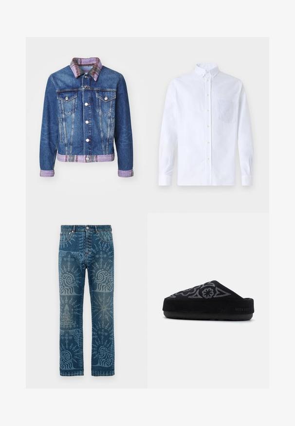 Denim jacket featuring a classic design, blue color, two front pockets, silver buttons, and a purple plaid collar with a matching hem.; White long-sleeve button-up shirt made of cotton, featuring a chest pocket with tonal embroidery, a collar, and button cuffs.; Denim jeans in a medium blue wash, featuring intricate light blue patterns, straight leg design, classic five-pocket style, and button closure.; Black suede slip-on shoe with embroidered design, rounded toe, thick sole, and the text "MOON BOOT" on the heel. Textured surface.
