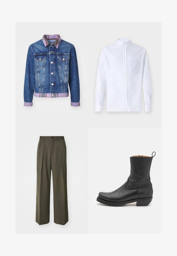 Denimtakki, jossa on klassinen muotoilu, sininen väri, kaksi etutaskua, hopeiset napit ja violetti ruutukaulus, joka sopii helmaan.; Valkoinen pitkähihaista napillista paitaa, joka on valmistettu puuvillasta. Paita sisältää rinnan kohdalla taskun, jossa on samaa sävyä oleva brodeeraus, kauluksen sekä napilliset hihansuut.; Filippa K WIDE TROUSERS - Housut - driftwood; Musta nahkainen nilkkabotti, jossa on sileä pinta, hoikka muoto, sivusaumastus ja matala neliönmallinen korko. Takana on vetotappi.