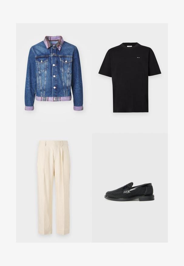 Džinsinė striukė su klasikiniu dizainu, mėlynos spalvos, dviem priekinėmis kišenėmis, sidabro mygtukais ir purpurinės plaid juostele apykakle bei derančiu apvadu.; Juoda trumpų rankovių marškinėliai su apvaliu iškirpimu ir mažu baltu "NN. 07" logotipu kairiajame krūtinės pusėje, rodomi ant balto fono.; NN.07 KAY - Kelnės - off white; Juodas pintas slip-on tipo batelis su lygiu odiniu akcentu viršuje, apvalios nosies dizainas ir žemas guminis padas.