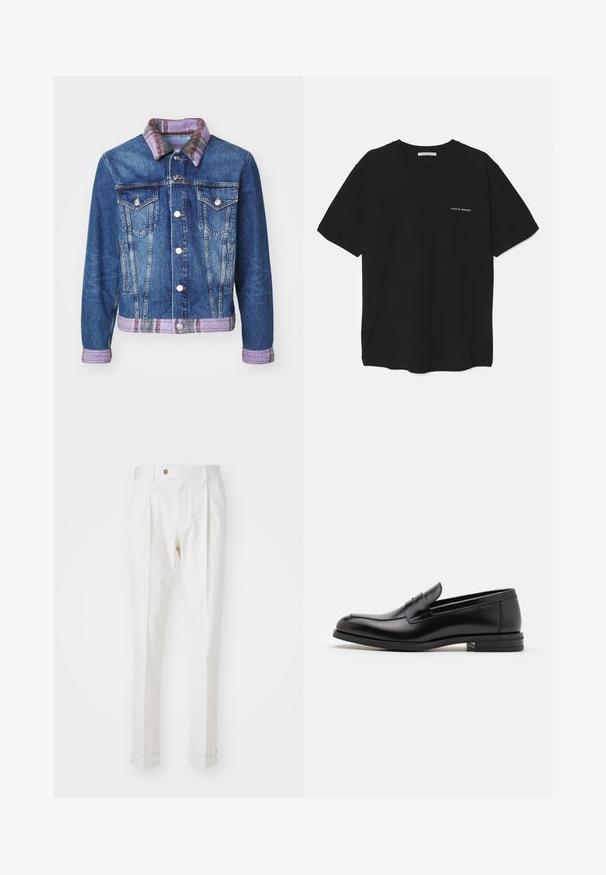 Jeans jakna s klasičnim dizajnom, modre barve, dvema sprednjima žepoma, srebrnimi gumbi ter vijoličastim karirastim ovratnikom in usklajeno obrobo.; Črna bombažna majica s kratkimi rokavi in okroglim ovratnikom, z belim logotipom natisnjenim na levi prsni strani. Preprost, enobarven dizajn.; Bela, krojena hlače z ravnim sprednjim delom, dvema naborkoma in zavitki. Narejene iz gladkega materiala z gumbom za zapiranje v pasu.; Črne usnjene loafer čevlje z gladko teksturo, zaobljenim nosom in dekorativnim trakom čez zgornji del. Nizka zložena peta, minimalističen dizajn.