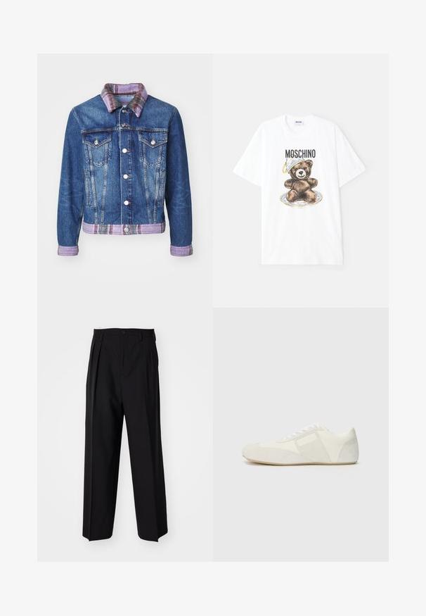 Džinsu jakas ar klasisku dizainu, zilu krāsu, divām priekšējām kabatām, sudraba pogām un purpura krāsas šaha rakstu apkakli ar atbilstošu apmali.; Balta kokvilnas T-kreklu ar brūnā lāča grafiku uz šķīvja, kas valkā zilu un zelta bļodu. "Moschino" teksts virs zīmējuma.; Melnas plisētās bikses ar taisnu, plata kāja dizainu. Izgatavotas no gludas auduma, ar pogu aizdari un jostas cilpiņām.; Bila sporta apavi ar elegantisku dizainu, ar zamšādas purngalu, ādas paneļiem un kontrastējošiem teksturētiem akcentiem. Plakana gumijas zole.