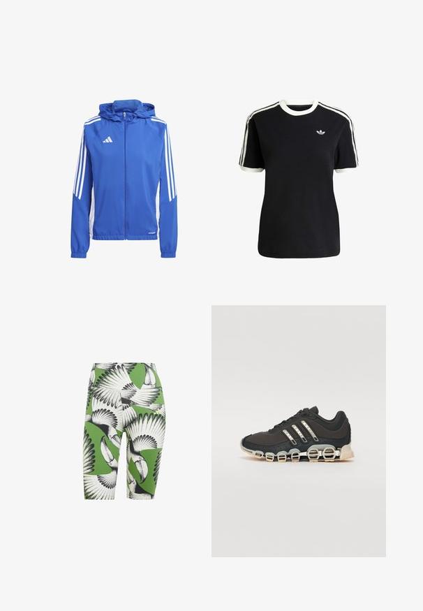 Giacca leggera blu con cappuccio, pannelli laterali bianchi e tre strisce bianche su ciascun spalla. Presenta una cerniera completa e polsini elasticizzati.; T-shirt nera in cotone con accenti bianchi sul collo e sulle maniche, caratterizzata da tre strisce bianche su ciascun spalla e un piccolo logo sul petto.; Pantaloni da ciclismo verdi con stampa di tucano in bianco e nero. Il materiale ha una texture liscia, con un design aderente e lunghezza a metà coscia.; Scarpa da ginnastica nera con tomaia testurizzata, tre strisce argentate e una suola ammortizzata distintiva con più sezioni integrate.
