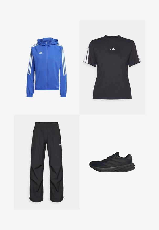 Giacca leggera blu con cappuccio, pannelli laterali bianchi e tre strisce bianche su ciascun spalla. Presenta una cerniera completa e polsini elasticizzati.; Maglietta sportiva nera realizzata in tessuto morbido, con scollo tondo, maniche corte e tre strisce bianche su ogni spalla. Logo bianco sul petto.; Pantaloni neri, leggeri, impermeabili, con vita elasticizzata, tasche laterali e polsini regolabili. Presentano un logo bianco sulla coscia sinistra.; Scarpe sportive nere con tomaia in rete, forma aerodinamica, suola piatta e tre strisce diagonali sui lati. Design leggero per il massimo comfort.