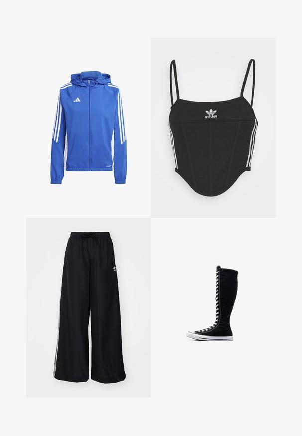 Giacca leggera blu con cappuccio, pannelli laterali bianchi e tre strisce bianche su ciascun spalla. Presenta una cerniera completa e polsini elasticizzati.; Crop top nero a coste con spalline sottili e regolabili, caratterizzato da tre strisce bianche sui lati e un piccolo logo Adidas bianco al centro.; Pantaloni neri a gamba larga realizzati in tessuto leggero. Presentano una vita elastica con cordoncino e strisce bianche sui lati. Logo del marchio sull'anca.; Sneakers nere alte con un design slanciato, realizzate in tela. Presentano lacci bianchi, cuciture e una suola in gomma con punta rinforzata.
