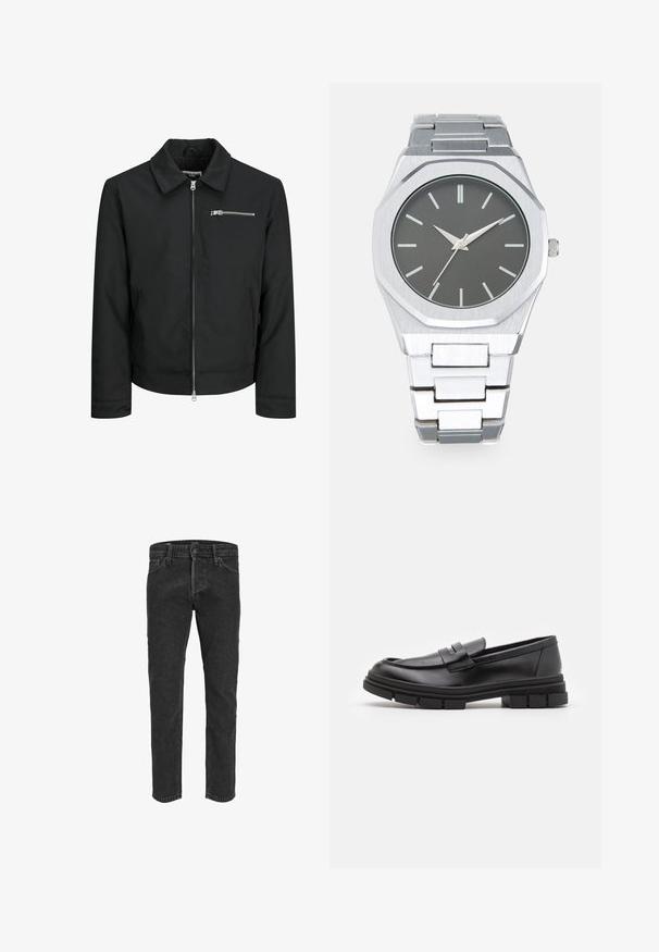 Jack & Jones Let jakke / Sommerjakker - black; Redefined Rebel TETON REGULAR FIT - Striktrøje - black grey; Sorte denimbukser med lige ben, fem lommer og bæltestropper, der har en let falmet tekstur og kontraststing. ; Sorte læder loafers med en glat finish, der har en frontrem detalje og en kraftig gummisål med rillletaccents.; Sølv analog ur med et oktagonalt hus, grå urskive, sølvfarvede timeindikatorer og et armbånd af rustfrit stål. Minimalistisk design med en glat tekstur.