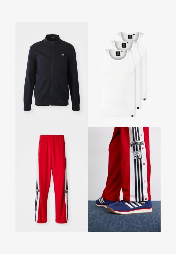 Marineblå zip-up jakke med ståkrage, elastiske mansjetter og nederkant. Har en liten logo-patch på venstre bryst og sidelommer.; Tre hvite ribbestrikkede tank topper laget av bomull. Har en rund hals og små svarte etiketter nær kanten. Tilgjengelig i flere størrelser.; Røde joggebukser laget av glatt stoff, med svarte og hvite sidelister og et logo-merke. Livstykket er elastisk for komfort.; Adidas SL 72 sneakers i marineblå semsket med tre hvite striper, parret med røde treningsbukser med svarte side-striper og knapper.