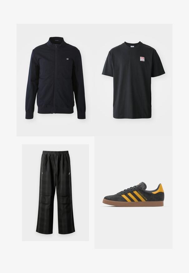 Námořnická bunda na zip s stojatým límcem, elastickými manžetami a lemem. Obsahuje malou nášivku s logem na levé straně hrudníku a boční kapsy.; Černé bavlněné tričko s kulatým výstřihem, krátkými rukávy a malou barevnou nálepkou na levé straně hrudi, která nese slovo "SUPERIOR."; Černé kostkované kalhoty s elastickým pasem, dvěma předními kapsami a volným střihem se rovnými nohavicemi. Vyrobeny z lehkého materiálu.; Černé semišové tenisky se žlutými akcenty, vybavené třemi pruhy a hnědou gumovou podrážkou. Obsahují polstrovaný jazyk pro pohodlí.