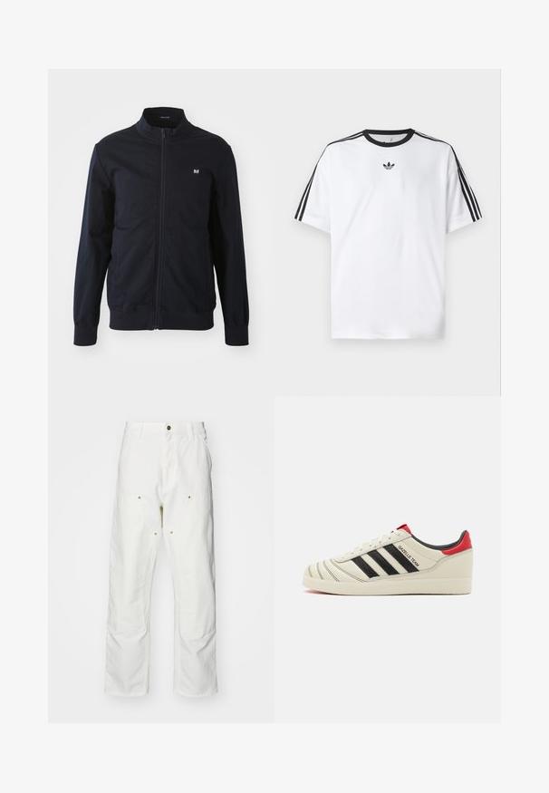 Granatowa kurtka zapinana na zamek z stójką, elastycznymi mankietami i dołem. Posiada małą łatę z logo na lewej piersi oraz boczne kieszenie.; Biała koszulka z bawełny, z czarnym okrągłym dekoltem i trzema czarnymi paskami na każdym ramieniu. Małe czarne logo na klatce piersiowej.; Białe bawełniane spodnie cargo o luźnym kroju. Cechy to przednie kieszenie, złote akcenty oraz wzmocnione części kolan.; Kremowe skórzane sneakersy z czarnymi paskami, czerwonymi akcentami na pięcie i teksturowanymi detalami. Posiadają gumową podeszwę i sznurowane zapięcie.