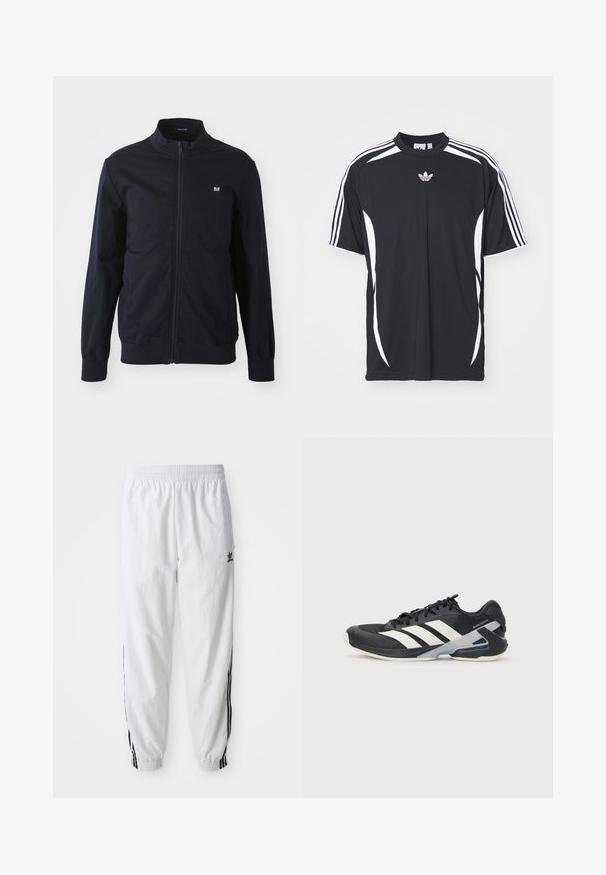 Marine blauw zip-up jack met een staande kraag, elastische manchetten en zoom. Voorzien van een klein logo op de linkerborst en zijzakken.; Zwarte sport T-shirt met witte zijstripes en het Adidas-logo. Heeft een ronde hals en korte mouwen, gemaakt van gladde, lichte stof.; Witte sportbroek met zwarte zijstrepen, elastische tailleband en boorden; heeft het Adidas-logo op de linkerdij. Glad stoffen structuur.; Zwarte sportschoen met witte strepen, bovenwerk van mesh, ronde neus en geveerde zool. Heeft een getextureerde hak en een veilig vetersysteem.
