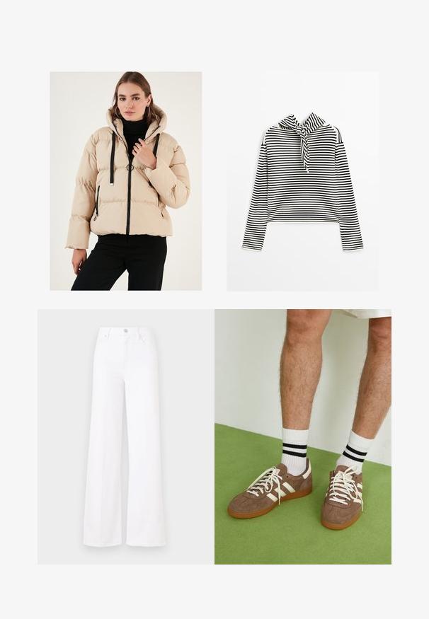 Beige pufferjakke med hætte, featuring en lynlås foran, sorte accenter og ribbede manchetter. Det quiltede mønster tilføjer volumen og varme.; Massimo Dutti STRIPED WITH REMOVABLE BANDANA - Striktrøje - beige; Hvide brede jeans lavet af denim, der har høj talje, frontknaplukning og fire lommer. Glat tekstur uden synlige mønstre.; Brune ruskind sneakers med hvide detaljer og snørebånd. Gummisål i naturgummi. Båret med hvide sokker med sorte striber. Grøn struktureret gulv.
