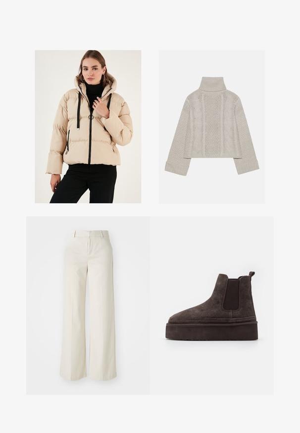Beez puffer jakk, millel on kapuuts, tõmbluku ees, mustad aksessuaarsed detailid ja ribatatud varrukad. Kliimakanga tekstuur lisab mahutavust ja soojust.; Lühendatud, heledast hallist kudumist valmistatud sviiter kõrge kraega ja ribidega mansettidega, millel on tekstuursed nööri mustrid seljal ja külgedel.; Laiad püksid helesbežis värvitoonis, valmistatud siledast kangast. Omavad klassikalist vööd ja siledat fronti puhaste joontega.; Pruunid suede Chelsea saapad elastsete külgpaneelidega ja paksu, tekstureeritud platvormitald. Omab kandmismugavuse jaoks kandaabi kandmisel.