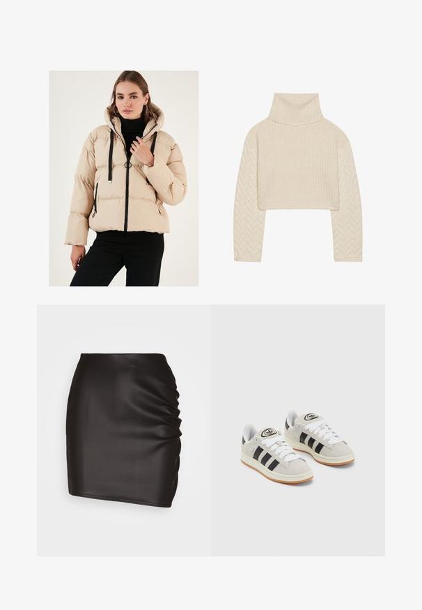 Bežinė pūkinė striukė su kapišonu, turinti užtrauktuką priekyje, juodus akcentus ir rausvas rankoves. Kvadratinė tekstūra suteikia apimties ir šilumos.; Kremo spalvos trumpas megztinis su aukštu kaklu, tekstūruoto mezgimo kūnu ir žuvies kaulų rašto rankovėmis. Pagamintas iš švelnios siūlų medžiagos.; Juoda mini sijonas, pagamintas iš glotnios sintetinės medžiagos, su raukiniais vienoje pusėje ir priguldančia siluetu.; Grynos zomšos sneakeriai su baltais raišteliais, juodomis juostelėmis ir balta gumine sole. Turintys apskritą logotipą ant liežuvėlio ir guminę sole.