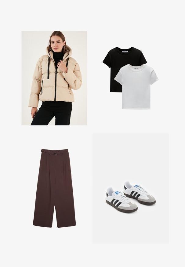 Bežna napihljena jakna s kapuco, z zadrgo spredaj, črnimi detajli in rebrastimi manšetami. Prešita tekstura dodaja volumen in toploto.; Dve majice s okruglim izrezom, crne in bele barve, narejene iz bombaža. Imajo kratke rokave in enobarven dizajn brez vzorcev ali dodatkov.; Stradivarius WIDE-LEG WITH BUCKLE DETAIL - Hlače - dark brown; Športni čevlji z belim usnjenim zgornjim delom, sivim semišem na prstih in tremi črnimi črtami. Imajo modro logo na jeziku in teksturiran gumijast podplat.