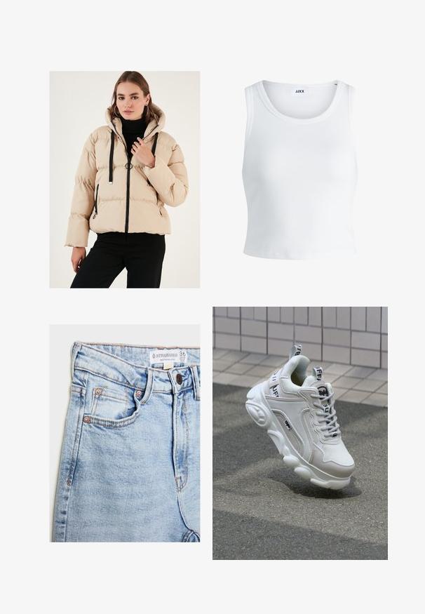 Giacca a vento beige con cappuccio, dotata di zip frontale, dettagli neri e polsini a costine. La texture trapuntata aggiunge volume e calore.; Canottiera bianca a coste con scollatura rotonda, senza maniche e lunghezza cropped. Etichetta con la scritta "JJXX". Tessuto di texture liscia.; Jeans in denim azzurro chiaro con vita alta, cinque tasche, accessori in tonalità rame e leggera scoloritura, con etichetta sulla vita.; Sneaker bianco realizzato in materiali mesh e pelle, con punta arrotondata, suola spessa, lacci prominenti e marchio sul tallone e sulla linguetta.