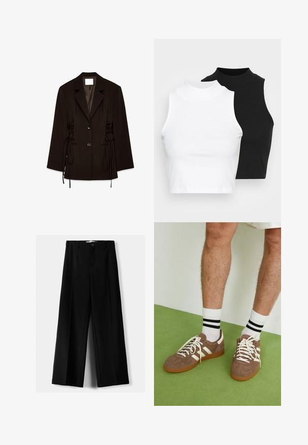 Črno krojeno blejzer z odrezanimi klapami, dvema sprednjima gumboma in čipkastimi stranskimi detajli z dolgimi visečimi trakovi.; Dva brezrokavniki z rebrasto turtleneck gorami v črni in beli barvi, z oblikovanim dizajnom in gladko teksturo, v skrajšani dolžini.; Črne široke hlače iz lahkega materiala, z zapiranjem na gumb spredaj in ravnim sprednjim delom, s skrbno zašiti robovi.; Rjavi semiš športni čevlji z belimi detajli in vezalkami. Gumijast podplat. Nošeni z belimi nogavicami z črnimi črtami. Zelena teksturirana talna obloga.