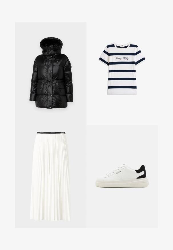 Chaqueta acolchada negra con cuello alto, textura brillante, botones frontales, cintura elástica y dos bolsillos delanteros. Presenta un parche de logo en la manga.; Camiseta de algodón con rayas horizontales azul marino sobre un fondo blanco. "Tommy Hilfiger" bordado en cursiva en el pecho. Escote de tipo crew.; Falda blanca plisada con una cinturilla elástica negra que presenta el logotipo "LACOSTE". Diseño de longitud media con textura suave.; Zapatillas blancas de cuero con una suela blanca gruesa, acento en el talón de ante negro y logo grabado en el lateral. Diseño de cordones con seis ojales.