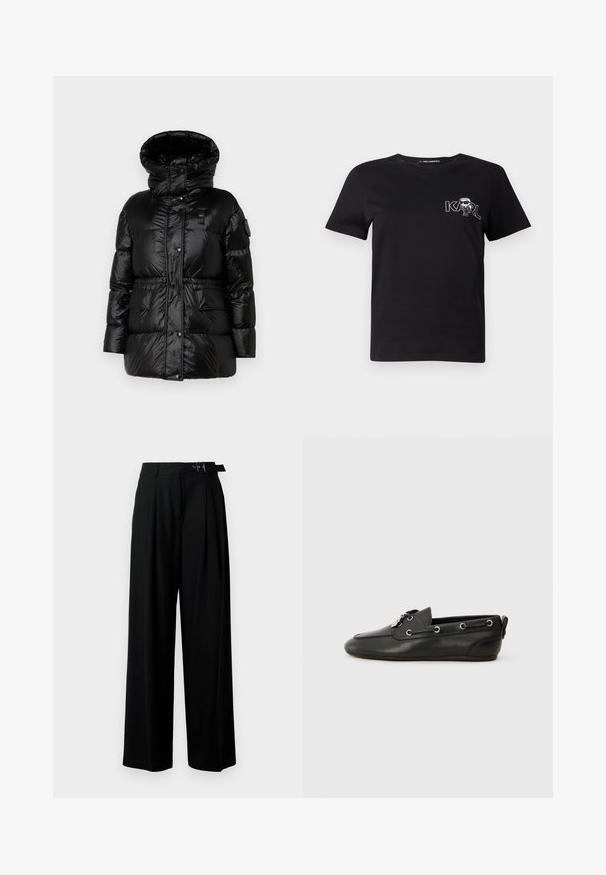 Sort pufferjakke med høj krave, skinnende tekstur, frontknapper, elastisk talje og to forlommer. Har et logo-patch på ærmet.; Sort kortærmet t-shirt lavet af bomuld. Har et hvidt grafik med teksten "KARL" og en stiliseret figur på brystet. Rund halsudskæring.; Sort vide-bein bukser med høj talje, læg foran og et bælte med spænde. Fremstillet af glat, let materiale.; Sorte læder jolle sko med rund tå, snørebånd foran, metaløjer og flad sål. Har en lille flap bagpå.
