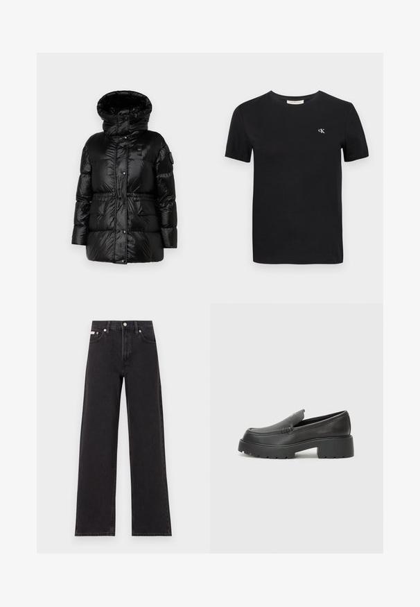 Must must jacket kõrge kraega, läikiv tekstuur, esimesed nööbid, elastne vöökoht ja kaks esimest taskut. Varrukal on logo patch.; Mustern musta t-särk musta puuvillast, klassikalise ümmarguse kaeluse, lühikeste varrukatega ja väikese valge broderitud "ck" logoga rinnal.; Mustad laiad mustad teksad, millel on kõrge vöökoht, viie tasku stiil ja metallist nööpkinnitus kontrastsete õmblustega.; Mustad nahast loafers ümarate varvastega, paksu tekstuuriga tald ja minimaalsete õmbluse detailidega. Viimistletud disain, kus pole nähtavaid paelu ega riistu.
