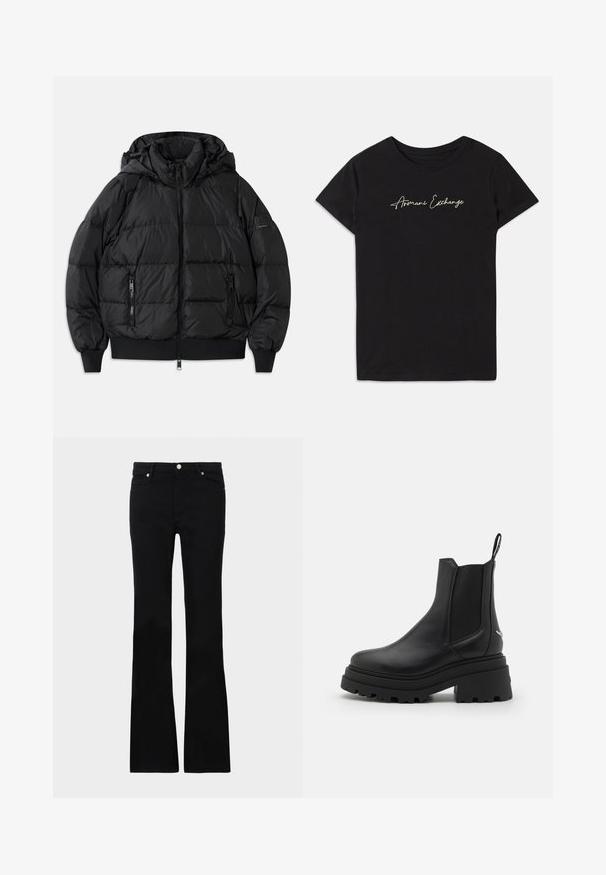 Svart puffjacka med huva, dragkedja framtill och två sidofickor med dragkedja. Har ribbade mudd och nederkant, slät och glänsande textur.; Svart bomullströja med korta ärmar och rundad halsringning, prydd med en snirklad "Armani Exchange"-logotyp i vitt.; Svarta utsvängda jeans i denim, med två framfickor, knäppning och en slät textur. Signaturstickning synlig vid sömmarna.; Svarta chelsealetter i slankt läder med elastiska sidopaneler, en tjock, räfflad gummisula och en dragflik baktill.
