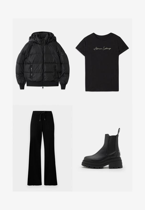 Juodas pūkuotas džemperis su gaubtu, užtrauktuko priekyje ir dviem užtrauktukais uždaromomis šoninėmis kišenėmis. Yra raštuoti rankogaliai ir apatinė dalis, glotni blizgi tekstūra.; Juodas medvilnės marškinėliai su trumpomis rankovėmis ir apvaliu iškirpimu, papuošti baltu kursyvu užrašytu "Armani Exchange" logotipu.; Juodi platūs sportiniai kelnių su raišteliu liemeniu, šoninėmis įpjovomis, minkšta medžiaga ir elegantiškas dizainas.; Juodi Chelsea batai, pagaminti iš lygaus odos, su elastingais šonų paneliais, storu, grotuotu guminio pado ir su traukimo įrankiu gale.