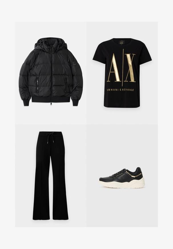 Crna puffer jakna s kapuljačom, patentnim zatvaračem sprijeda i dva bočna džepa s patentnim zatvaračem. Sadrži rebraste manžete i rub, a ima glatku sjajnu teksturu.; Crna pamučna majica s bold zlatnim "A/X" logotipom i tekstom "ARMANI EXCHANGE", kratki rukavi, okrugli izrez, glatka tekstura.; Crne široke trenirke s remenom na vezanje, bočnim prorezima, mekanom tkaninom i elegantnim dizajnom.; Crne kožne tenisice s masivnom kremastom potplatom, zlatnom lancem kao ukrasom i crnim vezicama. Glatka tekstura s utisnutim brendom sa strane.