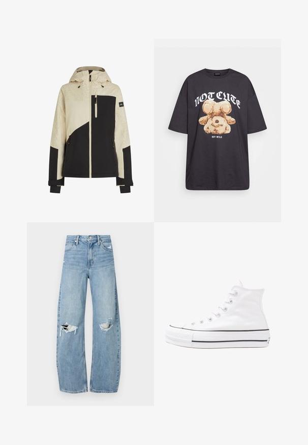 Herrejakke i beige og sort med et struktureret mønster på skuldrene, lynlås-lommer og justerbare manchetter. Hætte inkluderet.; Sort oversized t-shirt med et grafisk motiv af en bjørn samt teksten "IKKE SØD MEN VILD" i fede, hvide bogstaver. 100% bomulds materiale.; Lysblå, højtraljede jeans lavet af denim. Har brede ben, to huller ved knæene og klassisk fem-lommes stil.; Hvide høje kanvas sneakers med sort gummisål, gummitåhætte foran og seks øjehuller til snørebånd, der har et rent, minimalistisk design.