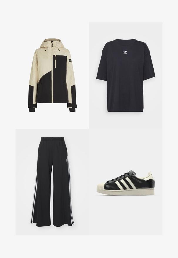 Meeste beejž ja must jakk, millel on tekstuuriga muster õlgadel, tõmblukkudega taskud ja reguleeritavad mansetid. Ka kaasas kapuuts.; Must must t-särk lühikeste varrukatega, ümmargune kaelus, rinnal valge Adidas logo. Lihtne disain, mugav lõige.; Mustad laiad trenni püksid elastse vöökohtaga, millel on valged küljeribad ja tikitud logo vasakul reiel.; Must have nahkased mustad tossud valgete triipudega, kummist varbakattega, mustade paeltega ja kreemika värvusega tallaga. Sile tekstuur ja läikiv viimistlus.