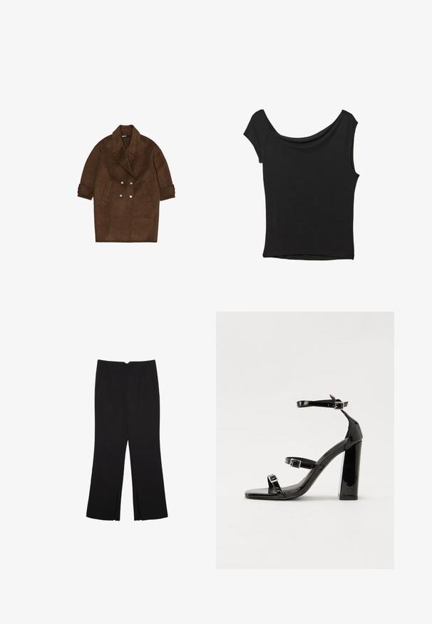 Cappotto in misto lana marrone con design doppiopetto, ampio colletto e due tasche frontali. Maniche corte con risvolti e bottoni metallici.; Top nero a maniche corte realizzato in tessuto liscio; presenta un colletto drappeggiato e un orlo asimmetrico, con una vestibilità aderente.; Pantaloni neri a gamba dritta, con tasche frontali e spacchi laterali all'orlo. Realizzati in tessuto morbido e liscio. Adatti a diverse occasioni.; Sandali con tacco in vernice nera, con punta squadrata, cinturini alla caviglia e fibbie in argento. Presentano un tacco a blocco spesso per maggiore stabilità.