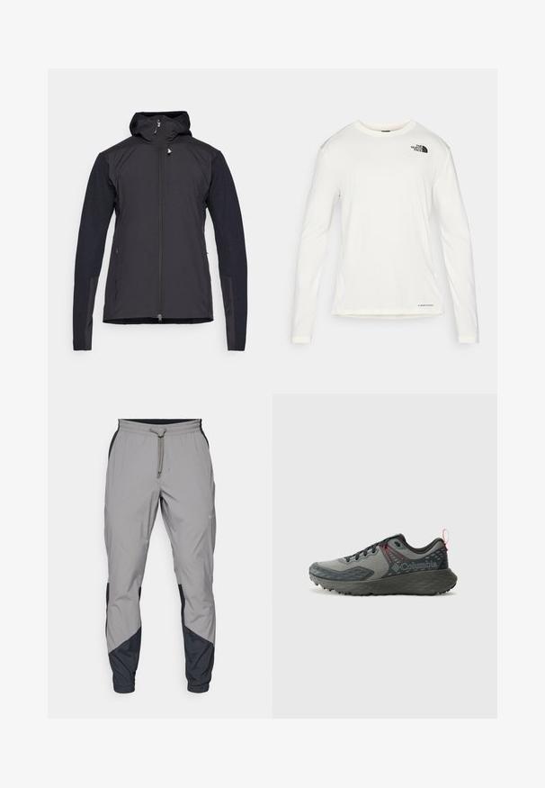 Črna lahko jakna s kapuco, z zadrgo spredaj in teksturiranimi rokavi. Tkanina ima gladko površino in kontrastne materiale na rokavih.; Bela srajca z dolgimi rokavi in okroglim ovratnikom, strukturirana tkanina, črn logo na levem ramenu in diskretno znamčenje na dnu.; Lahki, sivi atletski hlače z črnimi dodatki. Elastika v pasu, zategovalna vrvica, oblikovana noga in stranske žepe.; Columbia KONOS - Pohodniški čevlji - grey steel/mountain red