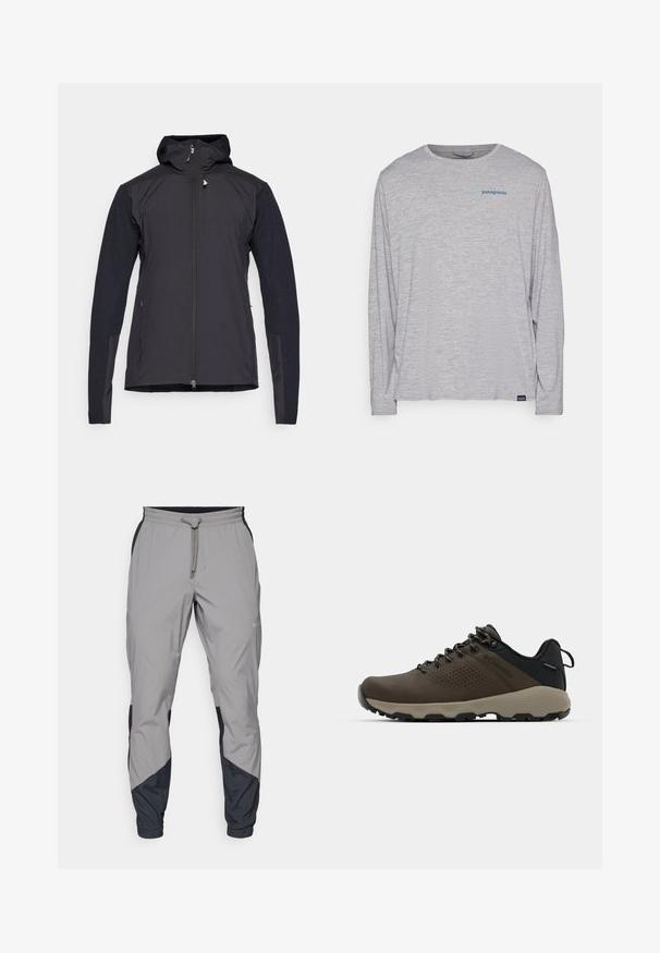 Musta kevyt takki hupparilla, vetoketjulla edessä ja teksturoituilla hihoilla. Kankaan pinta on sileä ja käsivarsien materiaalit ovat kontrastiväriset.; Vaaleanharmaa pitkähihaisuus t-paita, joka on valmistettu pehmeästä ja teksturoidusta kankaasta. Siinä on pyöreä kaula-aukko ja pieni sininen Patagonia-logo rinnassa.; Kevyet, harmaat urheiluhousut mustilla yksityiskohdilla. Joustava vyötärö, nyöri sulkeminen, kapeat lahkeet ja sivutaskut.; Ruske vedenäyttävät lenkkarit, joissa on tekstuuroitu päällinen, reikiä korostavia yksityiskohtia, musta kantatuki ja harmaa kumipohja. Kiristysnauhoissa on metalliset päät.