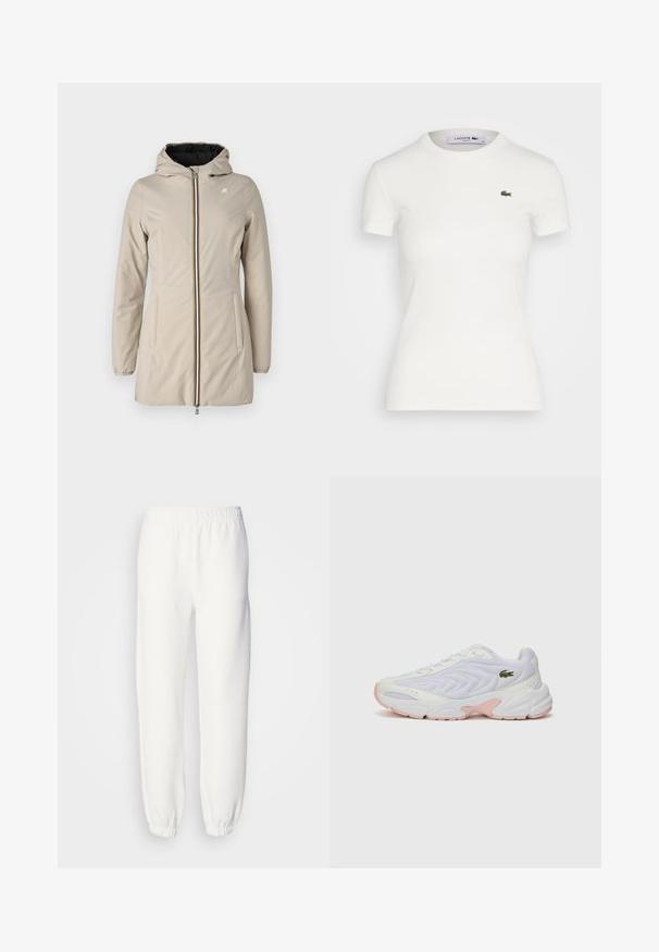 K-Way DENISE WARM DOUBLE - Parka - beige/black; White short-sleeve ribbed t-shirt with a round neckline and a small green Lacoste crocodile logo on the left chest. Smooth cotton fabric.; White sweatpants made of soft, knitted fabric. Elastic waistband and cuffs provide a relaxed fit. Minimalist design, no visible patterns or accents.; White athletic shoes with a textured mesh upper, subtle pink accents on the sole, and a green crocodile logo on the side.