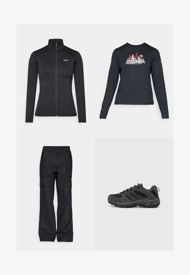 Melnā ar rāvējslēdzēju aizdaram veste, izgatavota no strukturētas auduma, ar stāvu apkakli, garām piedurknēm un smalku logotipu uz krūtīm.; Tumšs pelēks krekls ar garām piedurknēm, ar grafiku, kurā attēloti sarkani koki un kalni; "COLUMBIA" logo treknā baltā tekstā. Mīksta auduma, standarta apaļa kakla izgriezums.; Columbia BREA FALLS™ COTTON RIPSTOP PANT - Āra bikses - black; Columbia REDMOND - Pārgājienu apavi - black/citron haze
