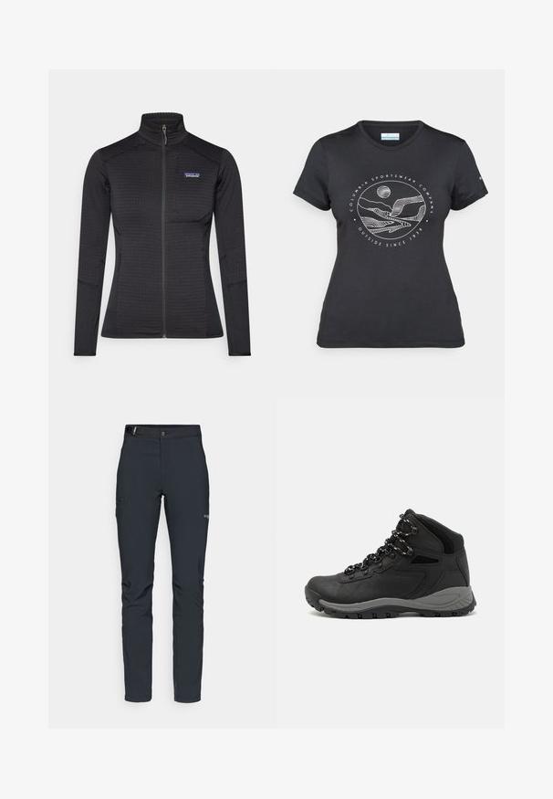 Sort lynlåsjacke lavet af struktureret stof, med høj krave, lange ærmer og subtilt logo på brystet.; Sort Columbia t-shirt med hvid cirkulær bjerg- og flodlinjekunst samt teksten "Columbia Sportswear Company Udenfor Siden 1938."; Herrers udendørsbukser, mørkegrå, lavet af fleksibelt materiale, med bælte, lynlåslommer og forstærkede syninger.; Sort vandrestøvle med en mellem-højde design, der har en tekstureret overdel, grå detaljer og en holdbar gummisål med skridsikre klodser.