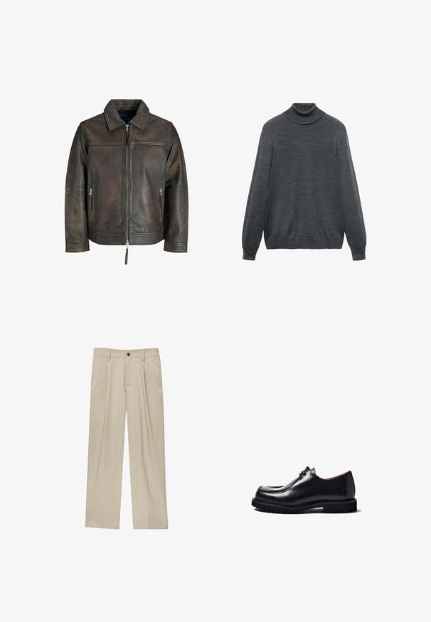 Braune Lederjacke mit einem Reißverschluss vorne, flachem Kragen und zwei Reißverschlusstaschen. Verfügt über eine leicht beschädigte Textur und eine taillierte Passform.; Kohlgrauer Rollkragenpullover aus weichem Material, mit langen Ärmeln, einem taillierten Kragen und einem geraden Saum. Glatte Textur über das gesamte Kleidungsstück.; Beige Hosen mit geradem Schnitt, ausgestattet mit einem einzelnen schwarzen Knopf, Gürtelschlaufen und Seitentaschen. Glatte Stofftextur und minimalistisches Design.; Schwarzer Lederschuh mit einer abgerundeten Zehenform, Schnürdesign, genähte Details und einer strukturierten Gummisohle. Glatte Oberfläche mit glanzvollem Finish.