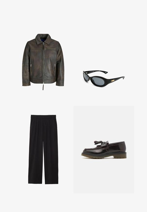 Barna bőrdzseki cipzárral elöl, sima gallérral és két cipzáras zsebbel. Enyhén kopottas textúrával és testre szabott szabással rendelkezik.; Fehér, rövid ujjú póló, pamutból készült, kerek nyakkivágással és laza, egyenes szabással. Nincsenek minták vagy díszítések.; Fekete, bőszárú nadrág, pliszírozott elülső résszel, oldalsó zsebekkel és sima szövettextúrával. Lazább, kényelmes szabású.; Barna bőr loaferek szőtt mintával, bojt részlettel és lapos gumitalppal. Simára polírozott felülettel és kontrasztos varrással rendelkezik.; Fekete napszemüveg ovális lencsékkel, matt kerettel és arany kiegészítővel az oldalán. Sötétszürke lencsék UV-védelmet nyújtanak.