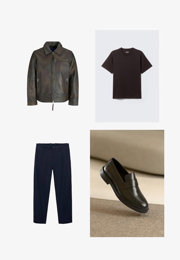 Smeđi kožni jakna s patentnim zatvaračem sprijeda, ravnim ovratnikom i dva džepa s patentnim zatvaračem. Ima blago istrošen izgled i kroj prilagođen tijelu.; Jednostavna crna pamučna majica kratkih rukava s okruglim izrezom i malom oznakom "WEEKDAY" na unutarnjoj strani ovratnika na leđima.; Mango Hlače - royal blue; Crne kožne mokasine s glatkom površinom, okruglim vrhom i ukrasnom trakom preko prednjeg dijela na niskoj peti.