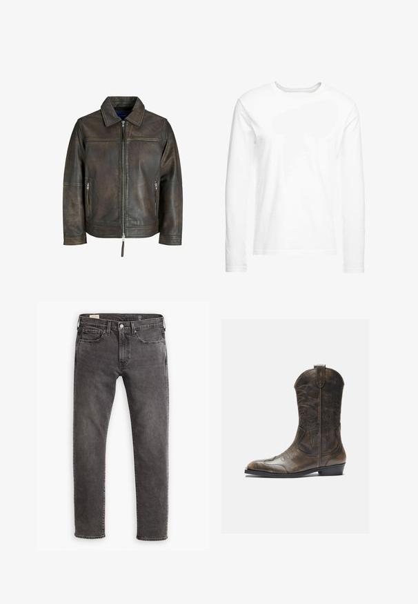 Brown leather jacket with a zip front, flat collar, and two zippered pockets. Features a slightly distressed texture and tailored fit.; Long-sleeve white t-shirt made of soft cotton. Crew neckline with straight cut hems and no visible patterns or graphics.; Gray denim jeans with a straight cut, five-pocket design, and a button fly. Features subtle fading and tonal stitching throughout.; Brown leather cowboy boot with a tall shaft, pointed toe, intricate stitching patterns, and a small heel. Textured finish throughout.