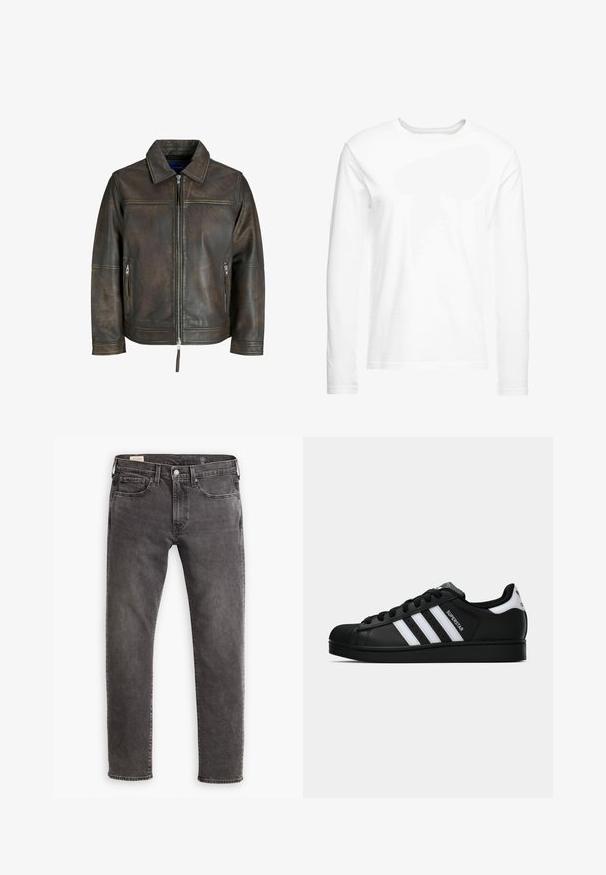 Ruskea nahkatakki, jossa on vetoketjukiinnitys, tasainen kaulus ja kaksi vetoketjullista taskua. Takkissa on hieman kulunut pinta ja istuva malli.; Pitkähihaista valkoista t-paitaa, joka on valmistettu pehmeästä puuvillasta. Pyöreä kaula-aukko, suorat helmat eikä näkyviä kuvioita tai grafiikoita.; Harmaat farkut suoran leikkauksen, viiden taskun muotoilun sekä nappisuljemekanismin kanssa. Ominaisuutena hienovarainen haalistuminen ja sävyttävä ommel koko ajan.; Musta Adidas Superstar -lenkkari, jossa on valkoiset raidat, kuorisuoja ja "Superstar"-teksti sivussa, esitetty sivuprofiilissa valkoista taustaa vasten.