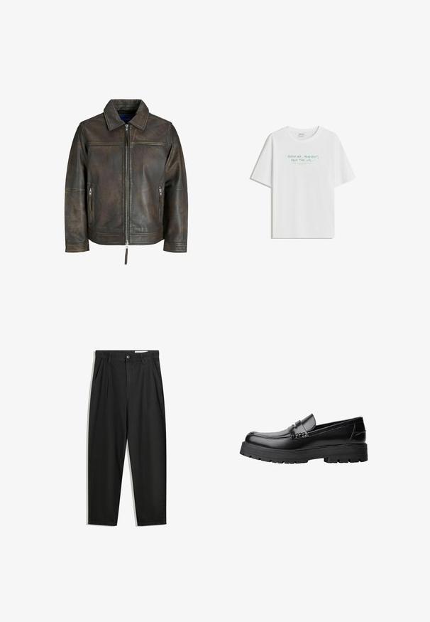 Braune Lederjacke mit einem Reißverschluss vorne, flachem Kragen und zwei Reißverschlusstaschen. Verfügt über eine leicht beschädigte Textur und eine taillierte Passform.; Weißes Baumwoll-T-Shirt mit lockerem Schnitt, Rundhalsausschnitt und hellgrünem Text: „FRISCHE LUFT, PLAYLIST, FREIE ZEIT, usw...“ auf der Vorderseite.; Schwarze Baumwollhose mit lockerem Schnitt, ausgestattet mit einem klassischen Bund, vorderen Falten und Seiten taschen. Glatte Textur ohne Muster.; Schwarzer Lederloafer mit grobem, rutschfestem Sohlenprofil und dekorativem Riemen über der Oberseite, seitlich links auf weißem Hintergrund abgebildet.