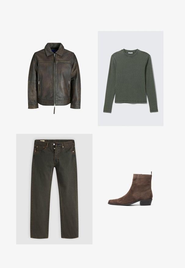 Braune Lederjacke mit einem Reißverschluss vorne, flachem Kragen und zwei Reißverschlusstaschen. Verfügt über eine leicht beschädigte Textur und eine taillierte Passform.; Langärmliges, geripptes Oberteil in Dunkelgrün mit Rundhalsausschnitt und geradem Saum. Hergestellt aus weichem Stoff, mit minimalen Nähten und ohne erkennbare Muster.; Dunkelgrüne Jeans aus Denim mit geradem Beinschnitt, fünf Taschen, Kupferfarbene Beschläge und einem subtilen Waschmuster.; Braune Wildleder-Stiefelette mit spitzem Kopf, niedrigem Blockabsatz und einer Anziehhilfe an der Rückseite für ein einfaches An- und Ausziehen. Glatte Textur und schlichtes Design.