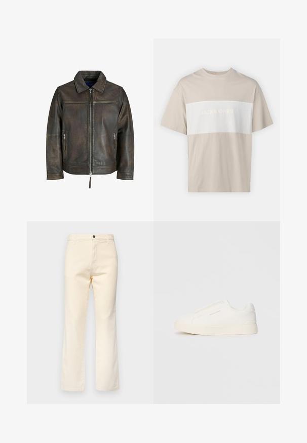 Brown leather jacket with a zip front, flat collar, and two zippered pockets. Features a slightly distressed texture and tailored fit.; Beige cotton t-shirt featuring a white horizontal panel with "JACK & JONES ESSENTIALS WORLDWIDE" text in embossed lettering. Short sleeves.; Cream-colored cotton jeans with a straight leg design, featuring a front button closure and standard five-pocket styling.; White slip-on sneakers with a textured surface, a thick sole, and minimalistic design. Features brand logo on the side.