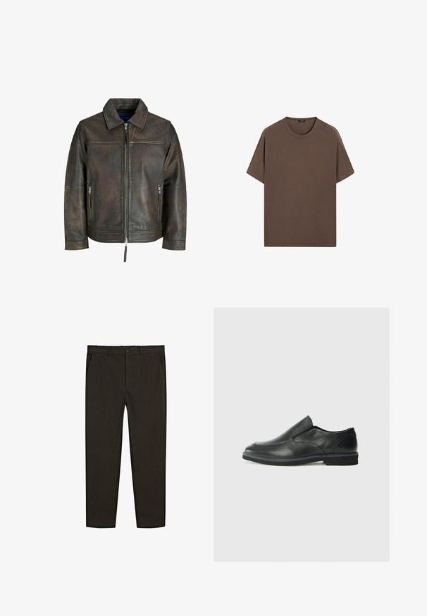 Bruine leren jas met een ritssluiting aan de voorkant, platte kraag en twee ritszakken. Kenmerkt zich door een licht verweerde textuur en een getailleerde pasvorm.; Bruine katoenen t-shirt met een ronde hals en korte mouwen. Eenvoudig ontwerp met een gelijkmatige textuur en een comfortabele pasvorm. Geen patronen of accenten.; Donkerbruine, geweven stofbroek met een recht model, voorzakken en een knoopsluiting op de taille. Glad textuur.; Zwarte leren instapper met een soepele bovenkant, gestikte accenten, ronde neus en een lage rubberen hak. De zool heeft minimale profiel.